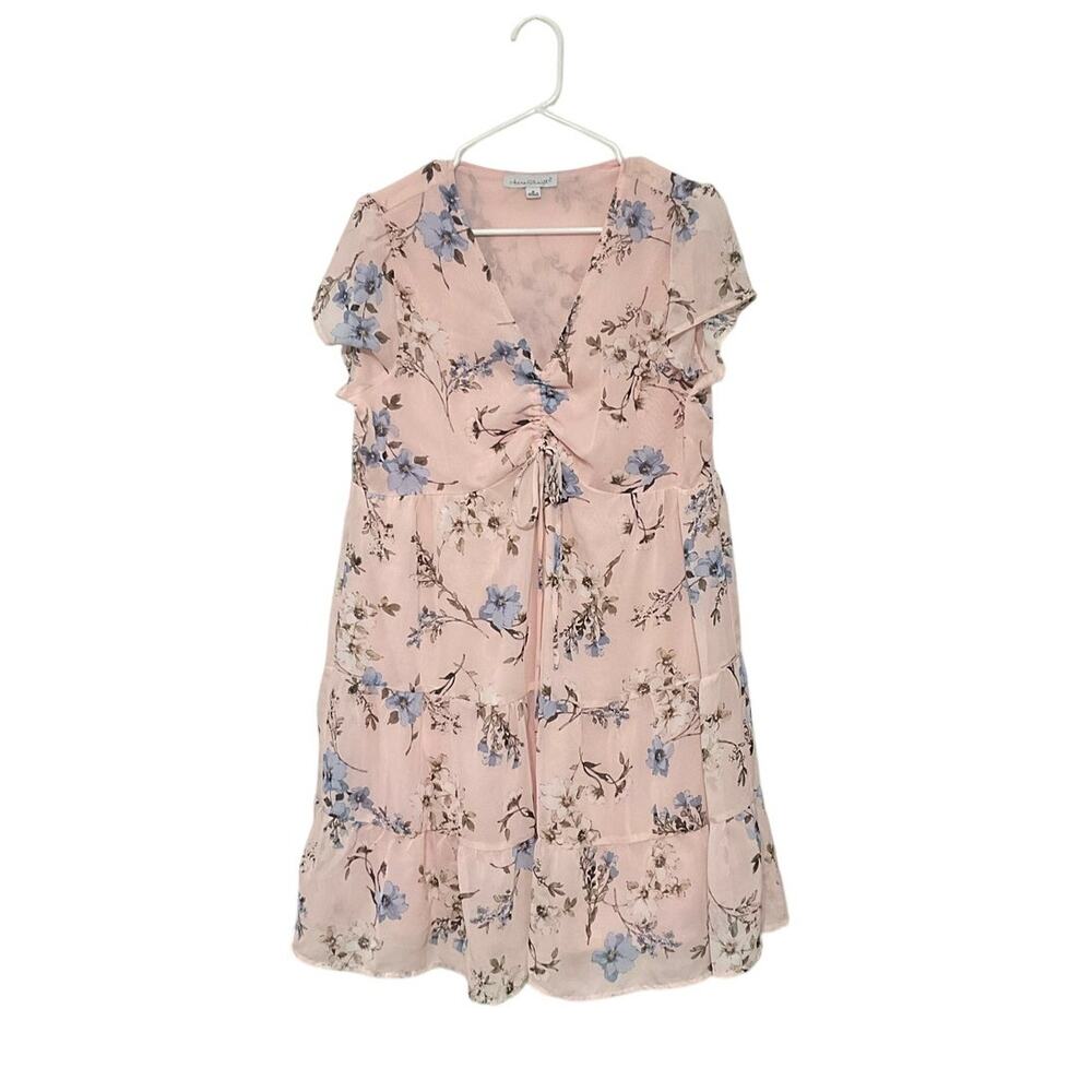 Pink Floral Chiffon Tiered Mini Dress Flutter Sleeves Adjustable Front Sz Medium